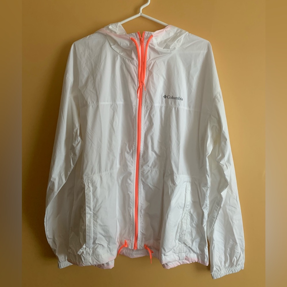 Columbia Hooded Rain Jacket White Neon Pink XL